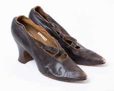 Antique Victorian Women's High Heel Shoes Brown Leather Pointed Toe Slip-on