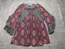 Urban Mangoz Shirt Womens Small Gray Pink Baby Doll Lace Accent Bell Sleeves