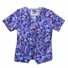 Landau Women's Scrub Top Blue Pink Purple Hearts Short Sleeve Size XS