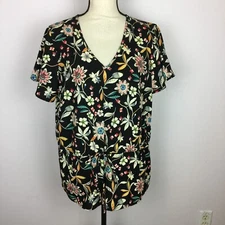 Pleione Blouse Top Sz M Womans Black Floral V-Neck Short Sleeve Drawstring Waist