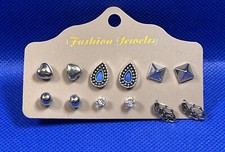 Fashion Boho Festival Glamour Assorted Silver Gem Stud Earring Set Of 6