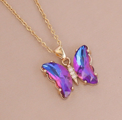 Gold & Purple Crystal Butterfly Necklace, New Statement Everyday Necklace, Gift