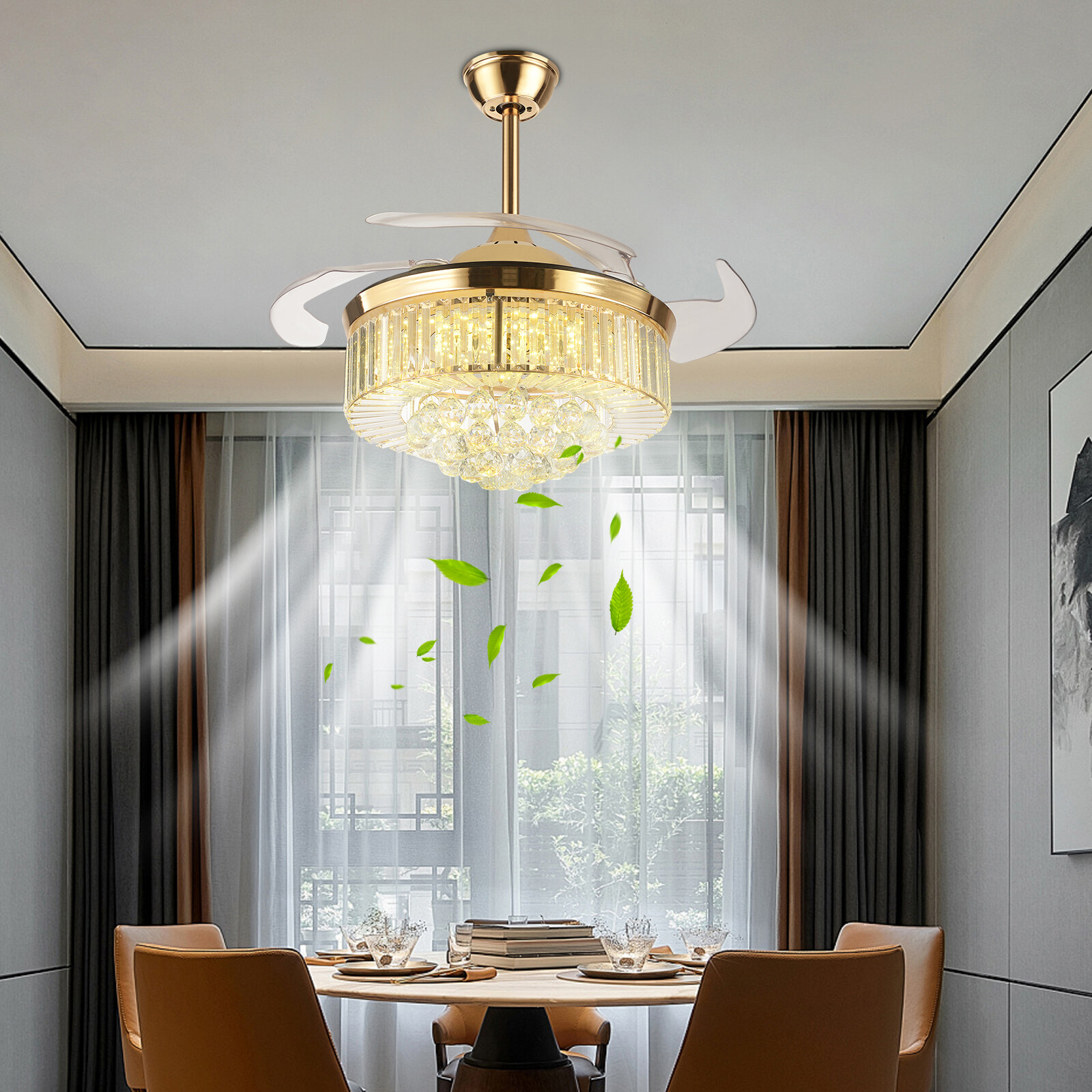 3-Color Crystal Chandelier, Ceiling Fan Light, Ceiling Fan Light with Remote