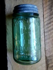 MASONS Patent 1858 Fruit Jar Pint NOV30th ~ Apple Green ~ ZINC LID