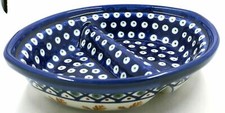 Boleslawiec Polish Pottery Divided Baking Dish Blue Peacock Brown Leaves 8”