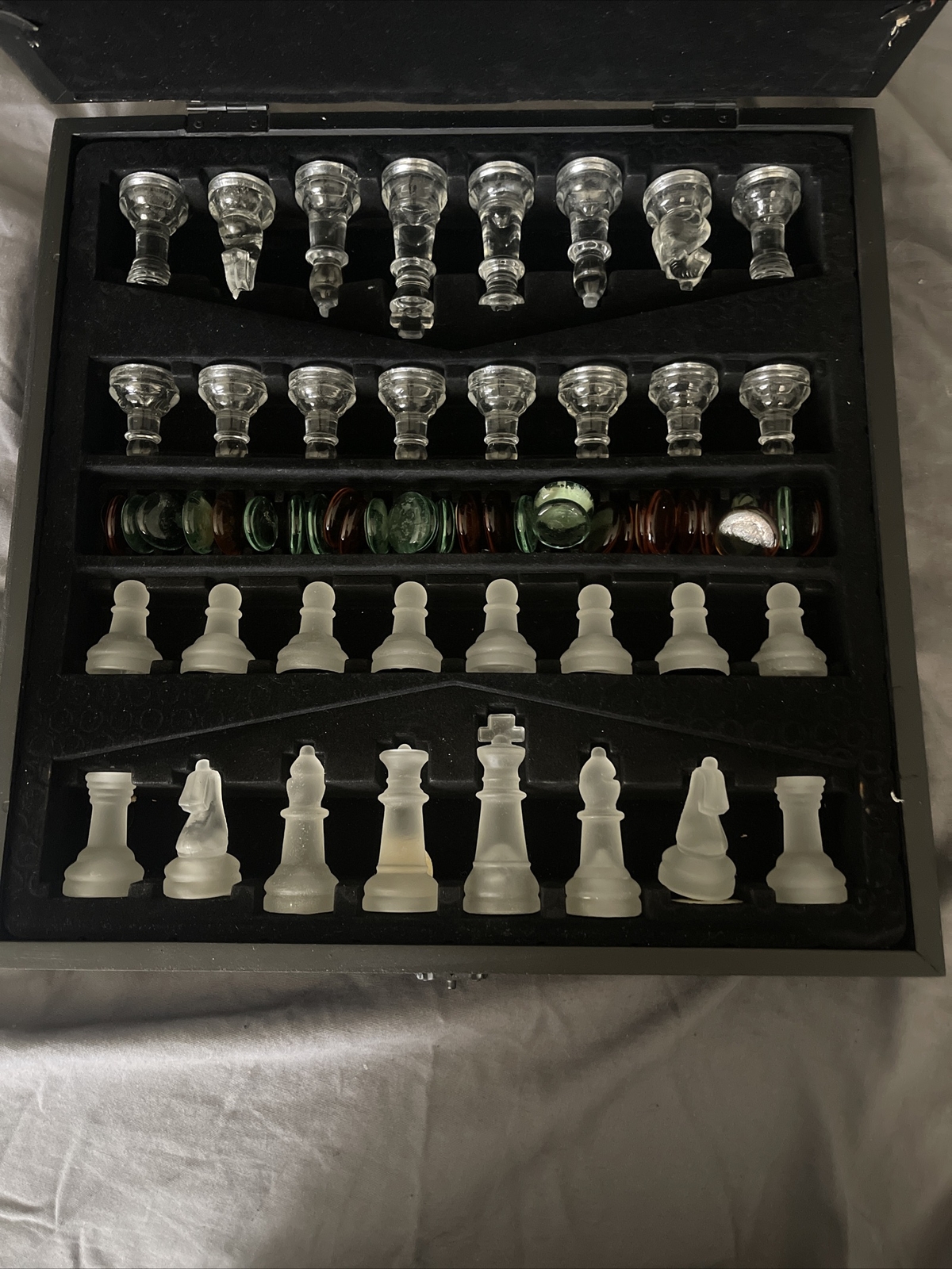 Vintage Glass Chess Set in Wooden chest 12" eBay