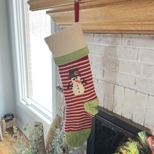 Pottery Barn Kids Christmas Stocking Cute Snowman Red Stripe Green Wool Velvet