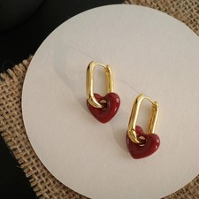 Heart Hoop Earrings Red Smooth Round Love Shape Geometric Women Jewelry