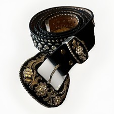 Vtg Nocona Belt Womens Black Suede Silver Rhinestones Concho Western Bling XL