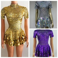 Sequined Shell Skirt Short-Sleeved Dress Party Stage Women Performance Costumes