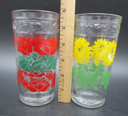 Vintage Anchor Hocking Sunflower Rose Floral Drinking Jelly Jar Glasses Tumblers