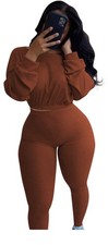   s Piece Tracksuit Workout Outfits Ribbed Crop Top Pullover Bodycon Jogger Pa...