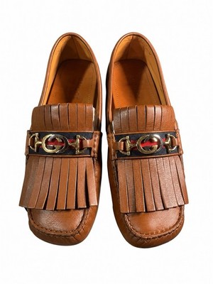 GUCCI モノグラム ミュール ブラウン37.5 Gucci Brown Leather Fringe Loafer – Men's Size 9 (Style 575642