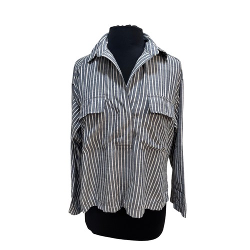 Max Studio London Blue White Striped Roll Tab Sleeve Pullover Blouse Medium