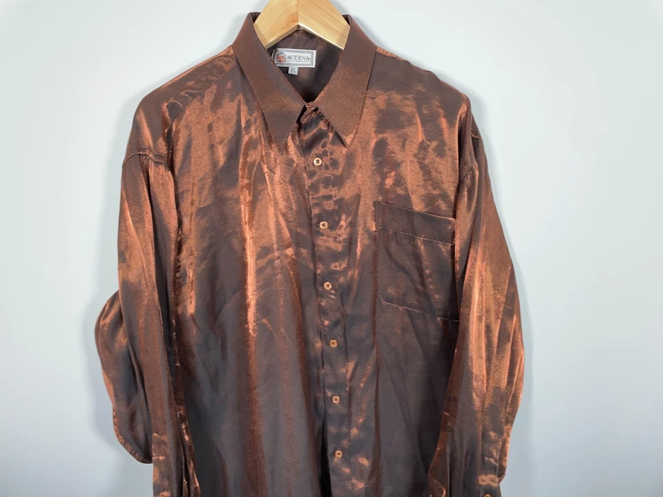 Modena Shiny Metallic Shirt Men's Big 18.5 (2X)  - 34/35 Copper Brown Y2K Club - Image 4 of 4