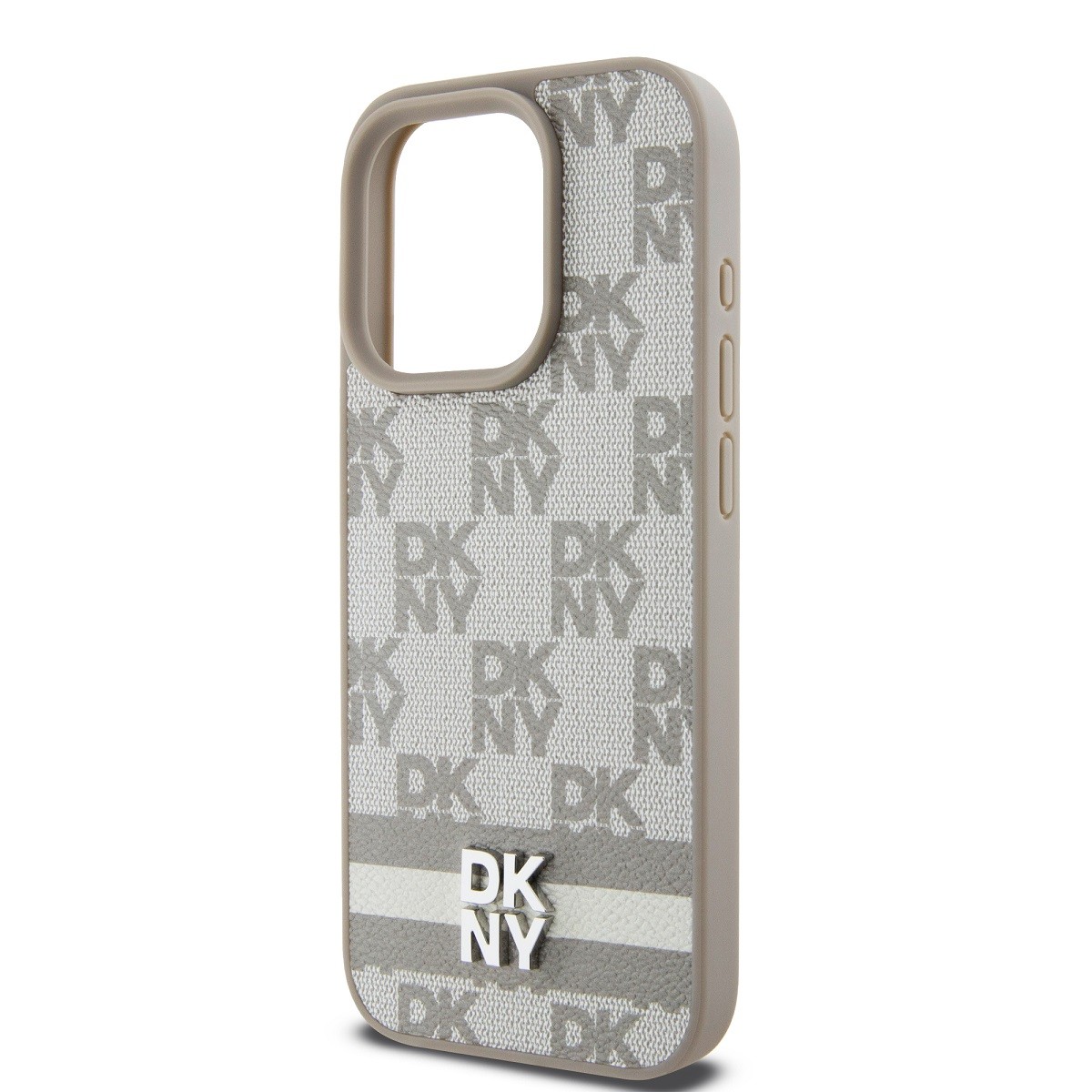 Protection iPhone 15 Pro Max DKNY beige, étui de luxe rigide à rayures