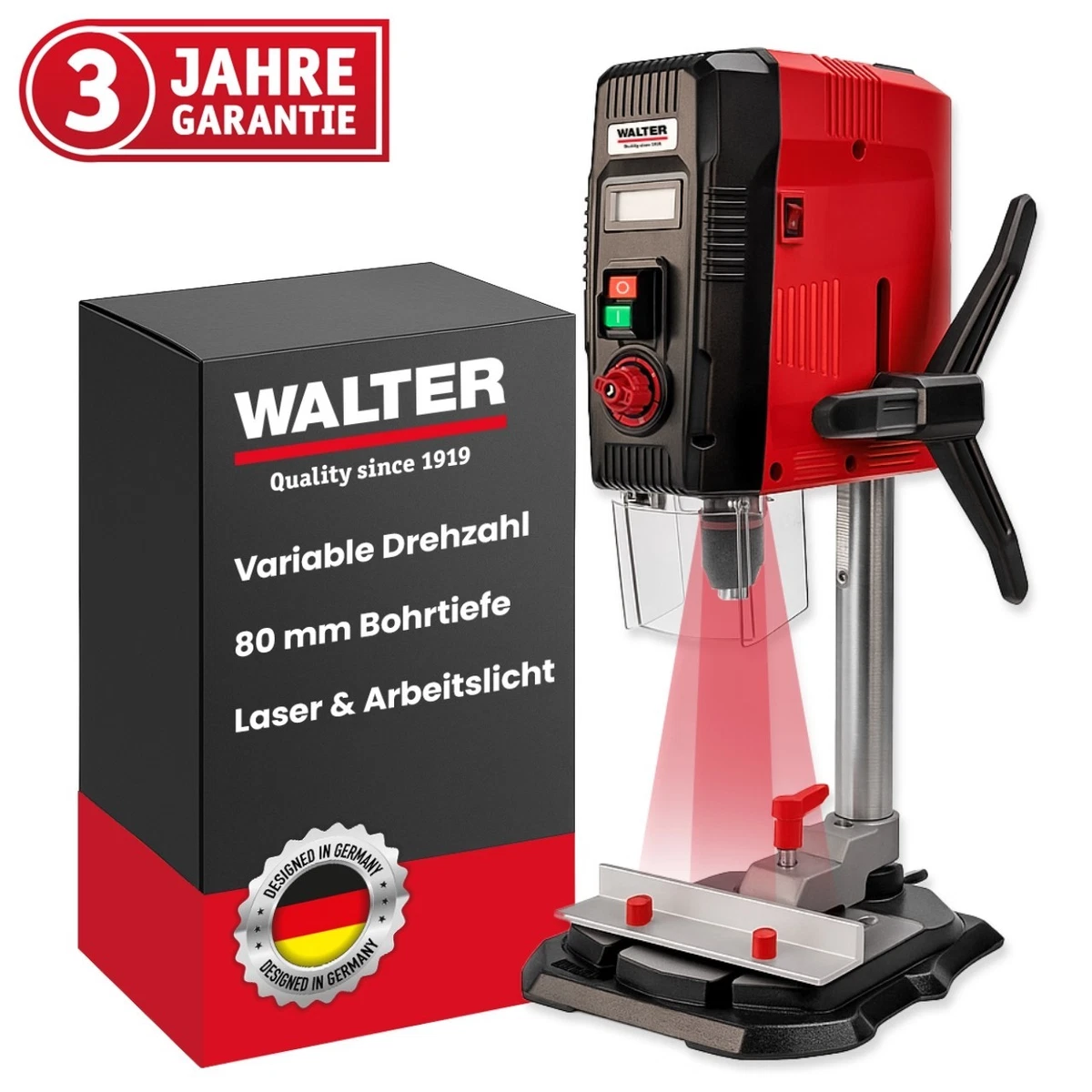 Taladro de mesa WALTER 900W con láser, LCD, 6 velocidades 40mm madera 13mm metal