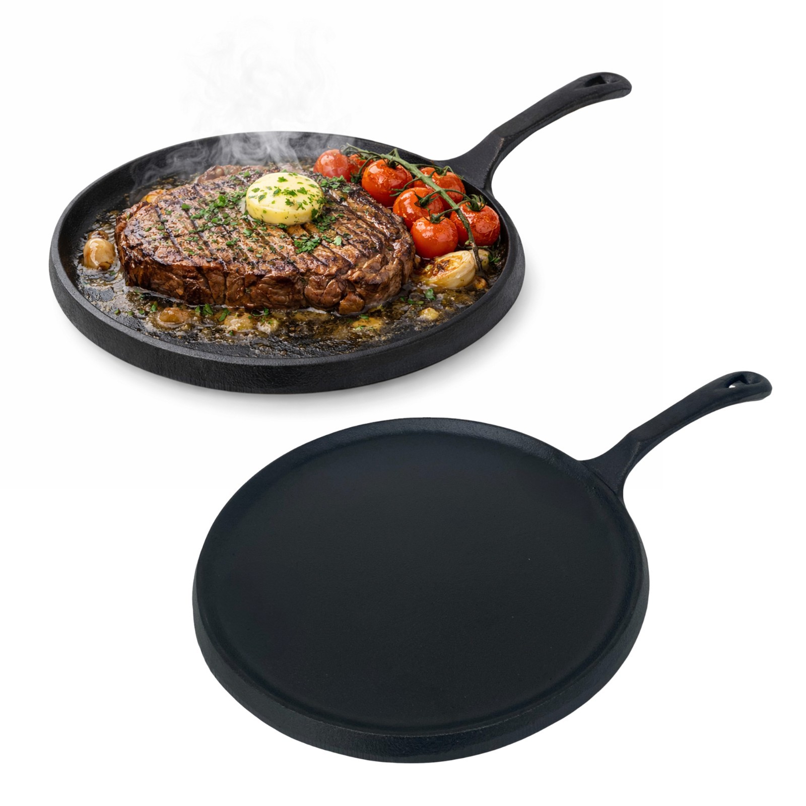 2 Pack Cast Iron Round Sizzle 10"" Platter Steak Sizzler Serving Plate Dish