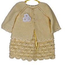 Handmade Baby Christening Gown Set Crochet Lace Yellow Flower Pearl Detail VTG