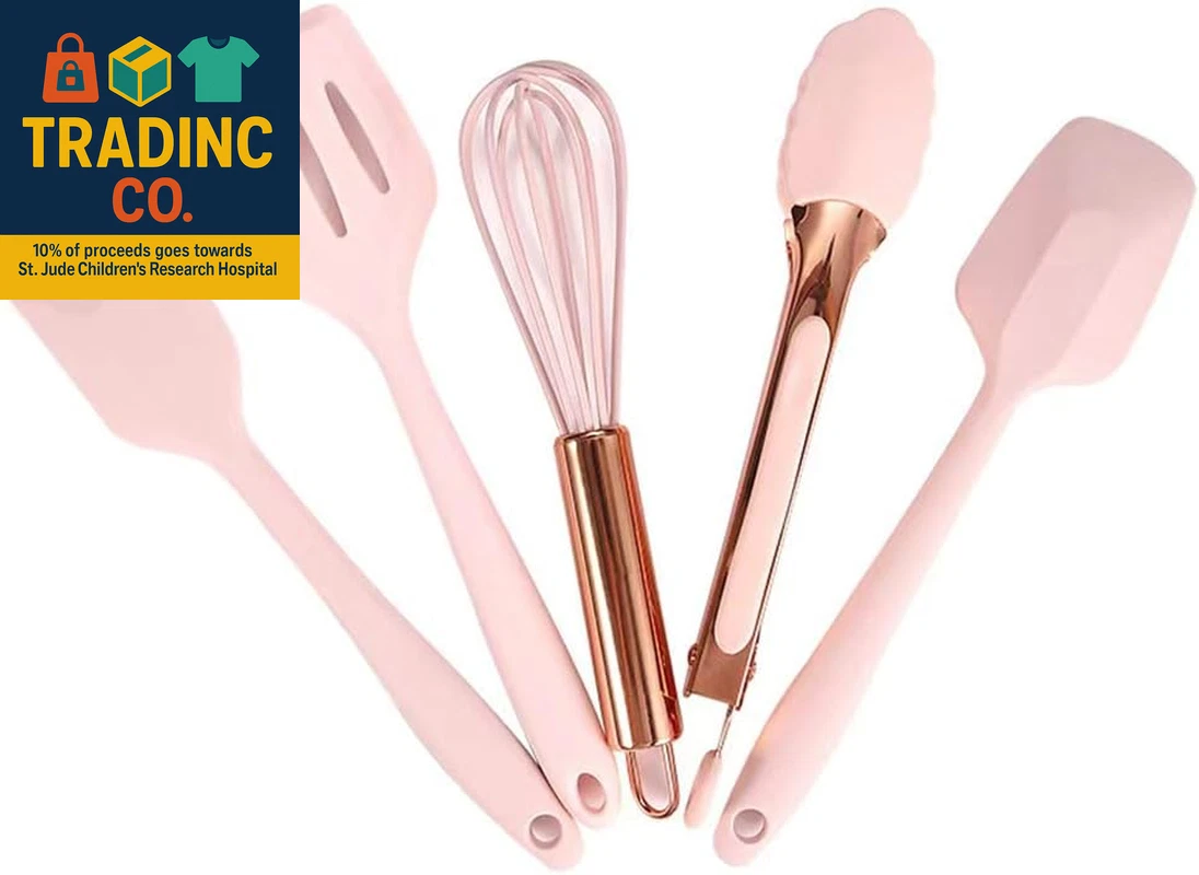 Rose Gold and Pink Kitchen Utensil Small Five-Piece Set Mini Silicone Kids Kitch