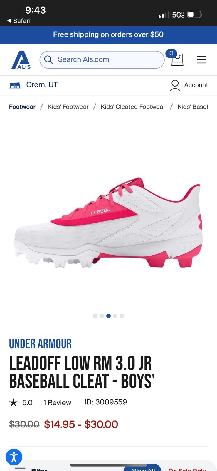 Under Armor Kids Pink And White Cleats Size 1Y thumbnail 3