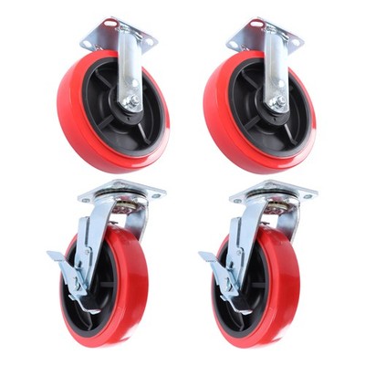 4 Pcs Red Capacity Up To 1500-6000lbs Industrial Casters 8'' Side Brakes + Fixed