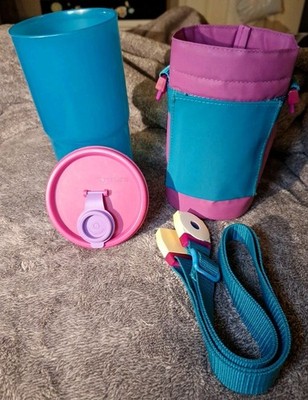 Vintage Tupperware Thirstquake Tumbler 30oz Teal Cup Pink Lid Crossbody Carrier 