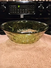 VTG 1979 Olive Green FTD Embossed Floral Glass Serving Bowl - 7 1/2 Vintage