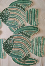 2x Tahari Fish Shaped Beaded Placemat Set Centerpiece Charger 14" Teal Silver