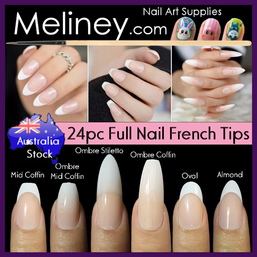 24pc Full Nail Long French Tips Cover Press On Natural Finger