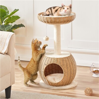 Cat Tree Rattan Cat House w/Cat Nest with Soft Cushion Sisal Scratching  Post | eBay