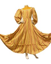 VTG Prairie Dress Bohemian Victorian Style Stripes, Ruffles Lace Puff Sleeves