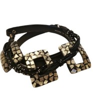 Chicos Black Leather Adjustable Belt Beaded Shell Bohemian Sz M/L
