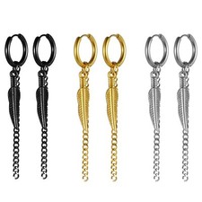 Men Womens Stainless Steel Feather Long Dangle Chain Hinged Huggie Hoop Earrings