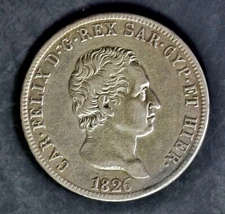 RARE HIGH GRADE HISTORIC WORLD SILVER! 1826 ITALIAN STATES SARDINIA 5 LIRE