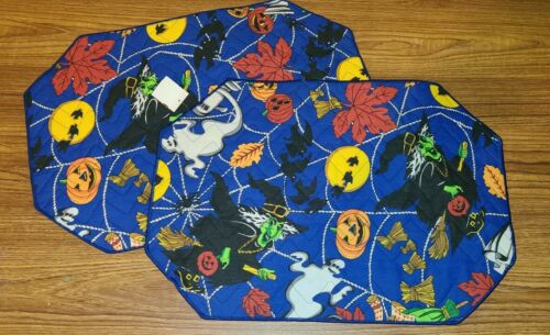 Vintage Halloween Fabric Placemats Witch Pumpkin Ghost 2 Piece Set Quilted NOS - 第 1/9 張圖片