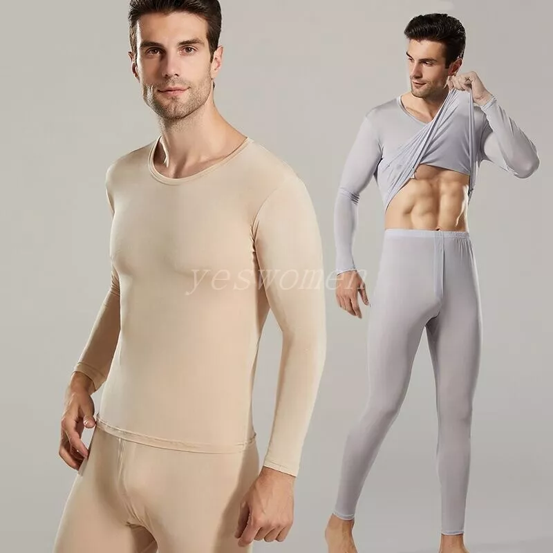 Mens 100% Silk Underwear Long Sleeve Pajamas Long Johns Set Premium Thermal  Set