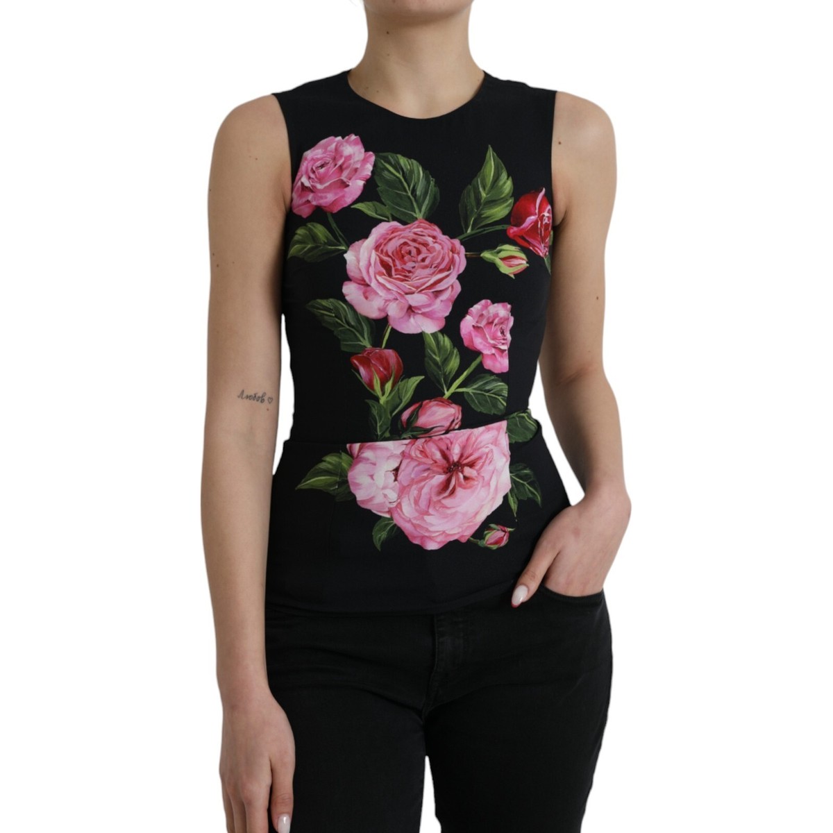 DOLCE & GABBANA Top Black Floral Viscose Round Neck Tank DOLCE & GABBANA Top Black Floral Viscose Round Neck Tank