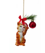 KURT ADLER NOBLE GEMS 5" TABBY CHRISTMAS CAT KITTEN AT PLAY GLASS XMAS ORNAMENT 