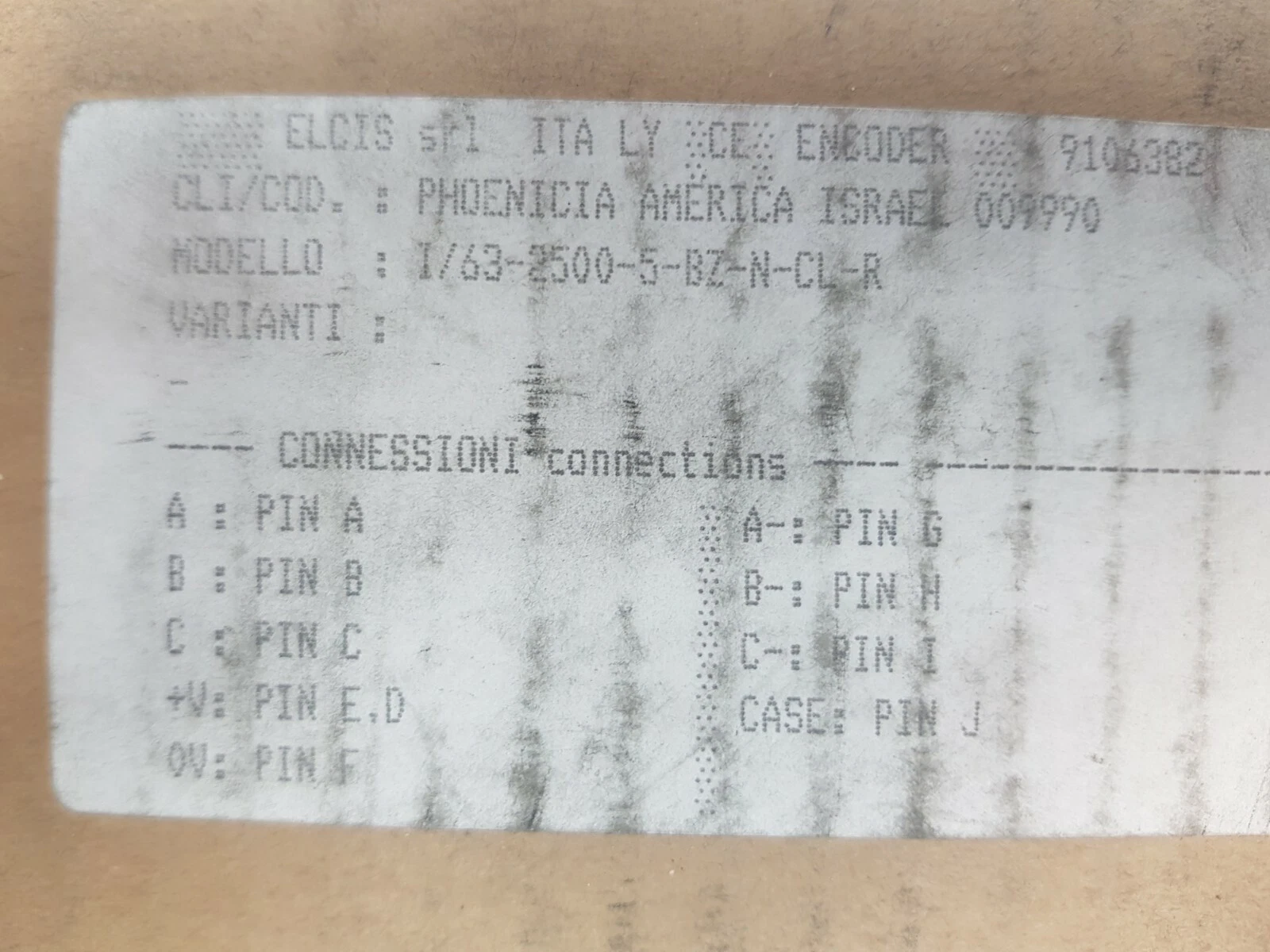ELCIS box label with model I/63-2500-5-BZ-N-CL-R and connector pin list