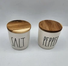 Rae Dunn by Magenta White Salt and Pepper Cellars Wood Tops Artisan Farmhouse