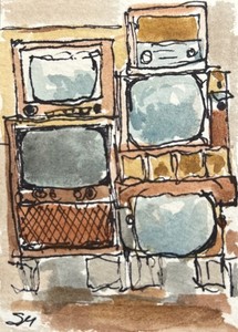 Original ACEO Vintage Televisions Ink & Watercolor