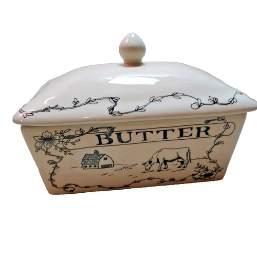 Farmhouse Butter Dish Ceramic Spread The Love Creative Co-op NEW
