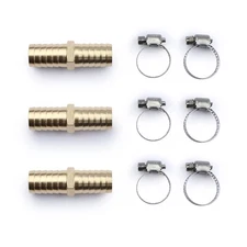 U.S. Solid 5/8" Brass Hose Barbed Splicer Round Equal Hose Joint W/ Clamps, 3pcs