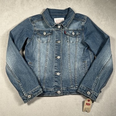NWT-Levi's Girls' Med Wash Cotton Denim Button-Front Trucker Jacket XL 13-15 Yrs