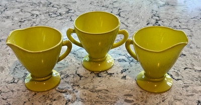 Vintage MCM Hazel Atlas Ovide Chartreuse Milk Glass Cream & Sugar Set (3 piece)