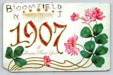 1907 Happy New Year Postcard Bloomfield NJ Red Clover Glitter Greetings