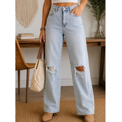 Daryl-Ann Denner Pink Lily High Rise Crop Distressed Mom Jean Light Wash Blue 26