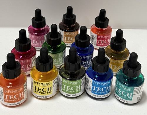 Lot of 12 Dr Ph Martin's Tech Waterproof Drawing Ink 90% Full