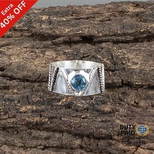 Swiss Blue Topaz Stone 925 Silver Wedding Bezel Band Handcrafted Ring Jewelry